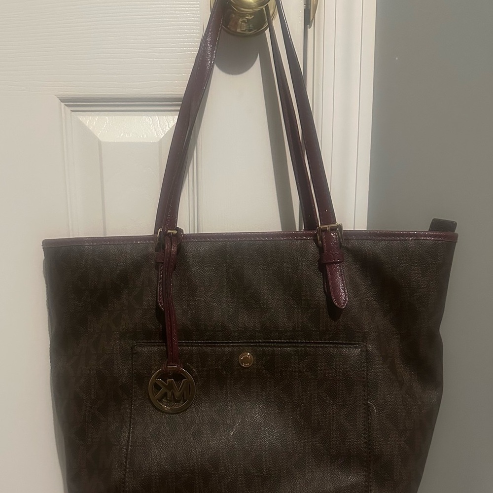 Michael Kors Brown MK Logo Tote with Plum Trim and Straps